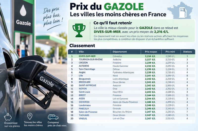 GAZOLE : les 20 villes les moins chères en France